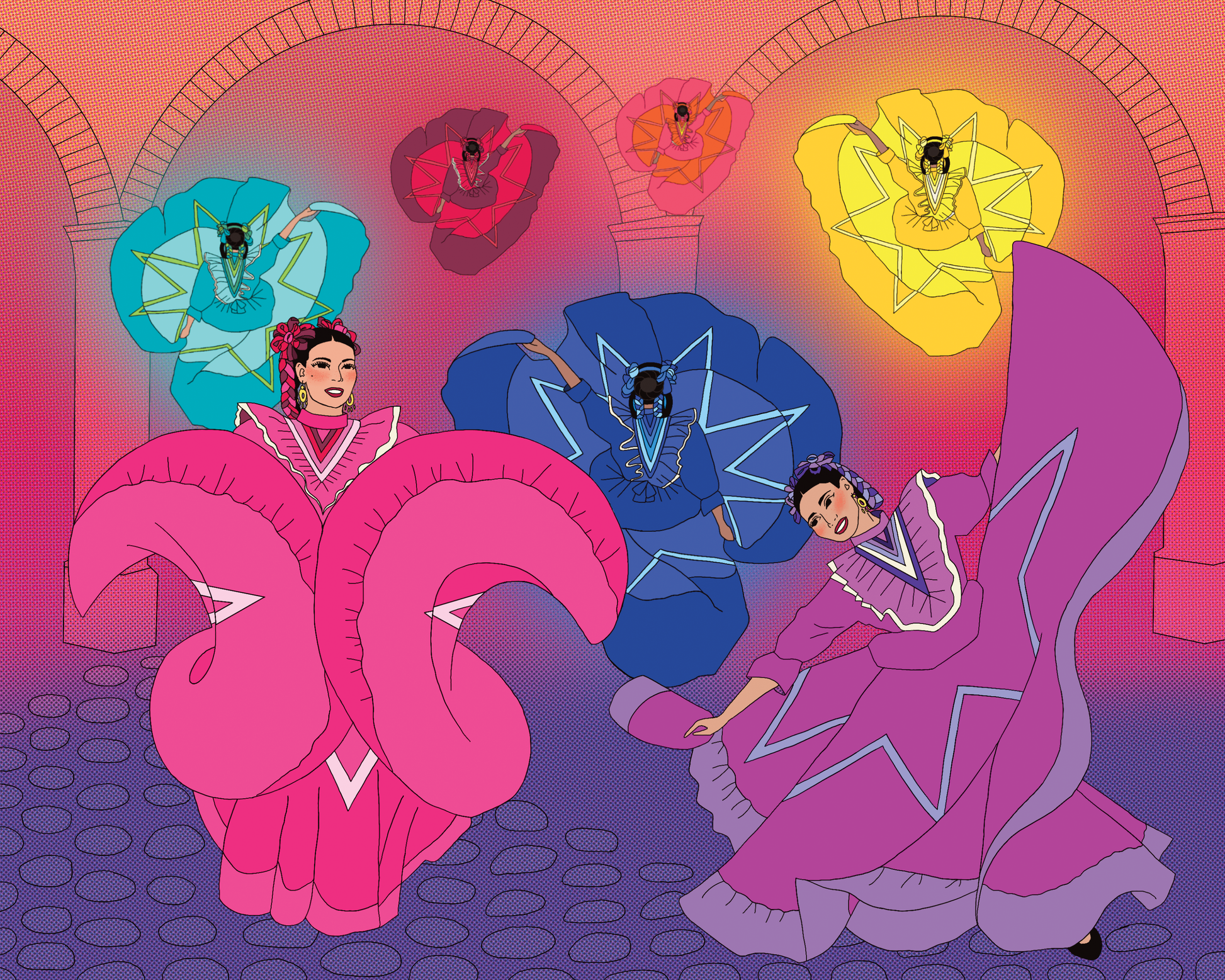 Colorful illustration of three dancers in vibrant costumes against a pink and purple background.