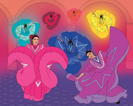 Colorful illustration of three dancers in vibrant costumes against a pink and purple background.